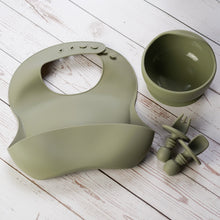 Load image into Gallery viewer, Silicone Suction Bowl, Bib and No Choke Cultery Bundle and Save - Sage - Baby Fox Baby Boutique
