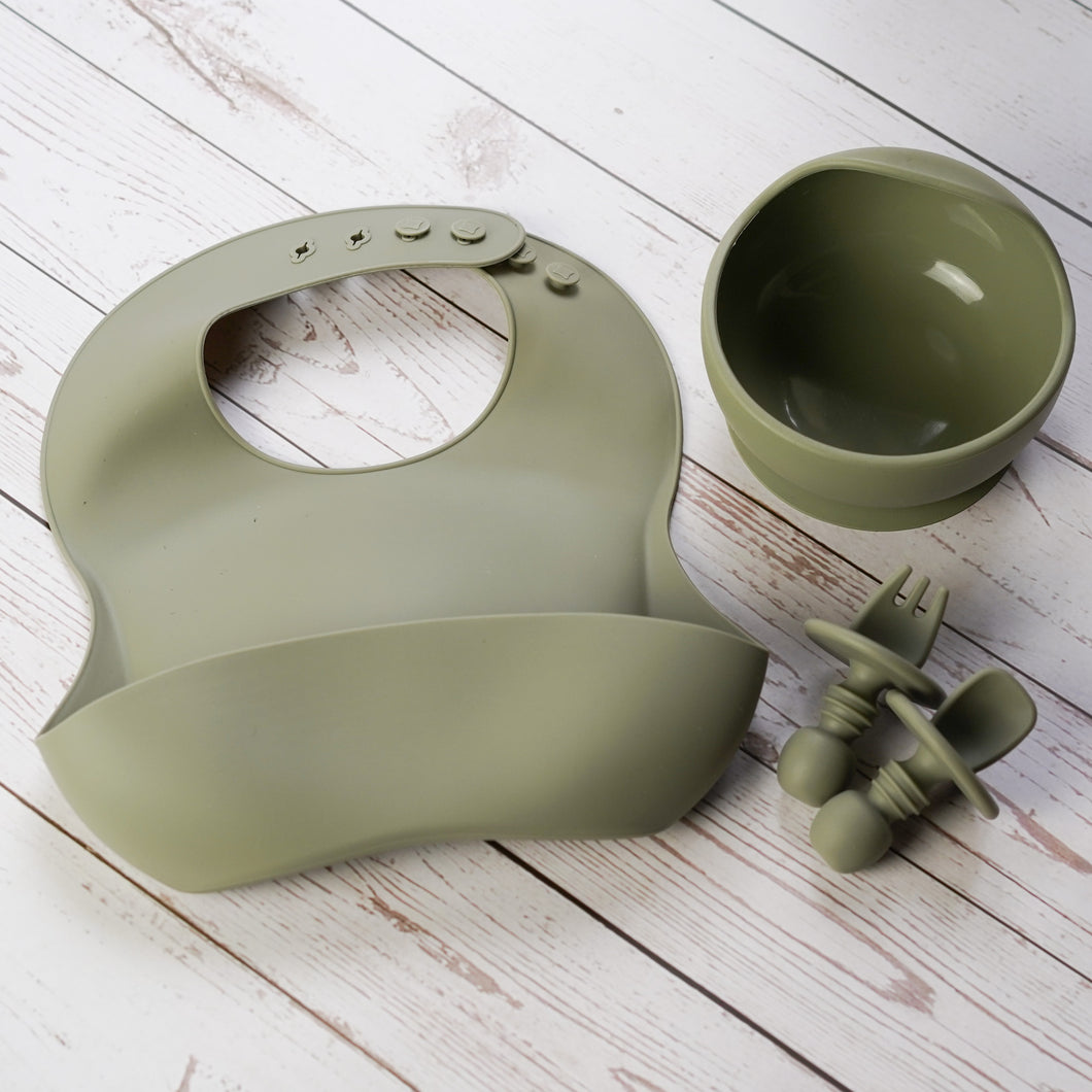 Silicone Suction Bowl, Bib and No Choke Cultery Bundle and Save - Sage - Baby Fox Baby Boutique